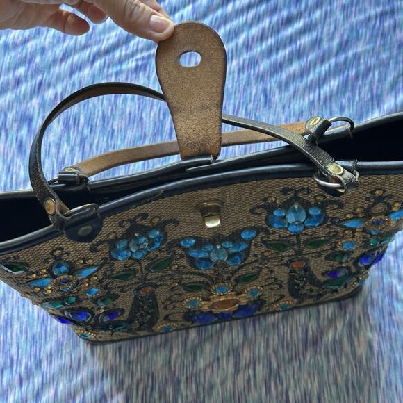 VTG 1964 Enid Collins Purse Pavan Pheasant Peacock Blue Jewels Wooden Bucket - Picture 14 of 16